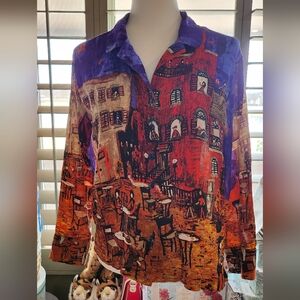 CHICOS 100% Silk European Street Print Top Size 1/Small~Excellent!